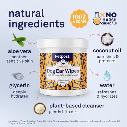 | Dog Ear Cleaner Wipes - Ultra Soft Cotton Pads in Coconut Oil Aloe Solution - Dog Ear Rinse & Cleanser 100 Ct.