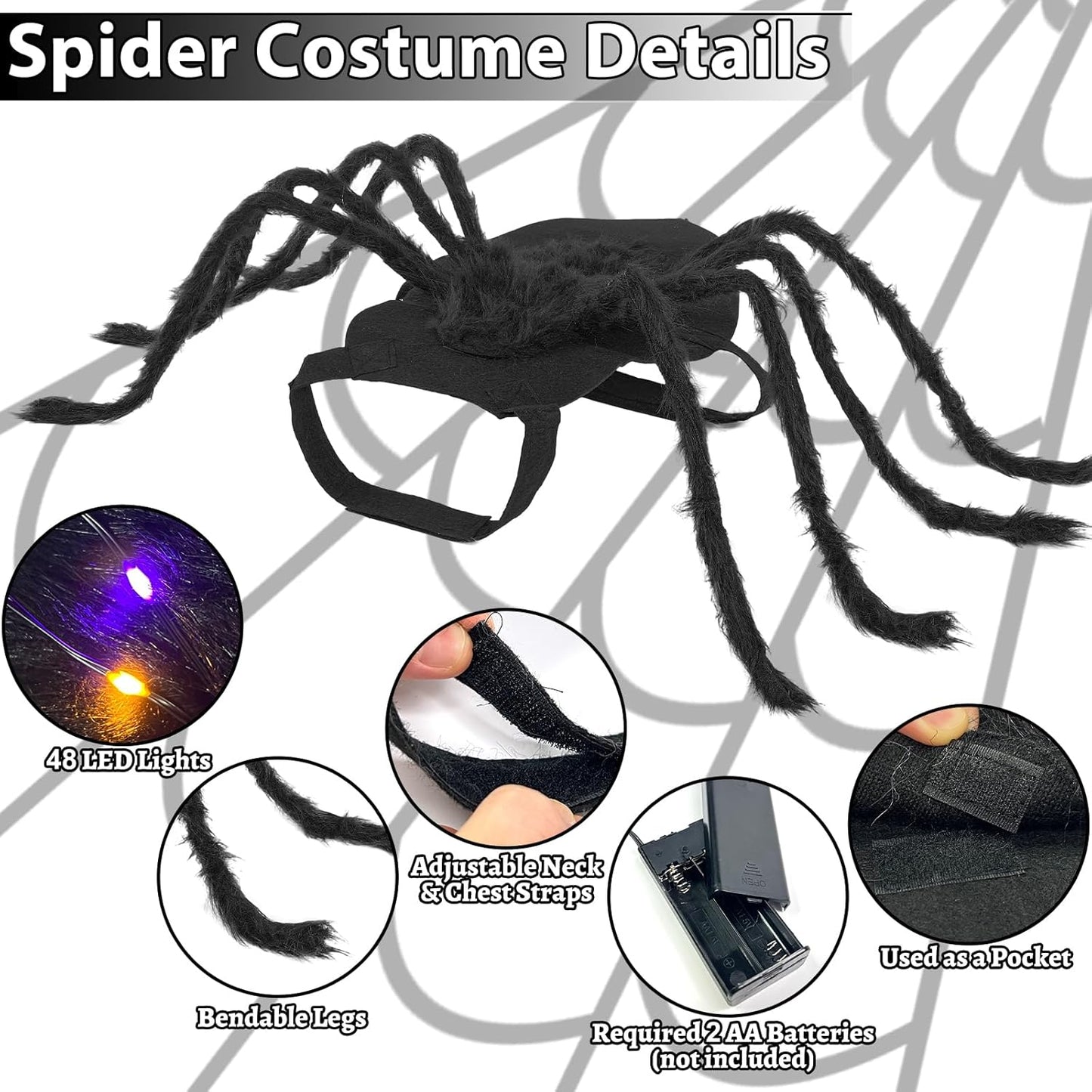 24 LED Spider Dog Halloween Costume for Small Medium Large Dogs, Furry Giant Spider with Orange Purple Lights Puppy Pet Costume Outfits Clothes Funny Halloween Costume Party Cosplay