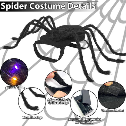 24 LED Spider Dog Halloween Costume for Small Medium Large Dogs, Furry Giant Spider with Orange Purple Lights Puppy Pet Costume Outfits Clothes Funny Halloween Costume Party Cosplay