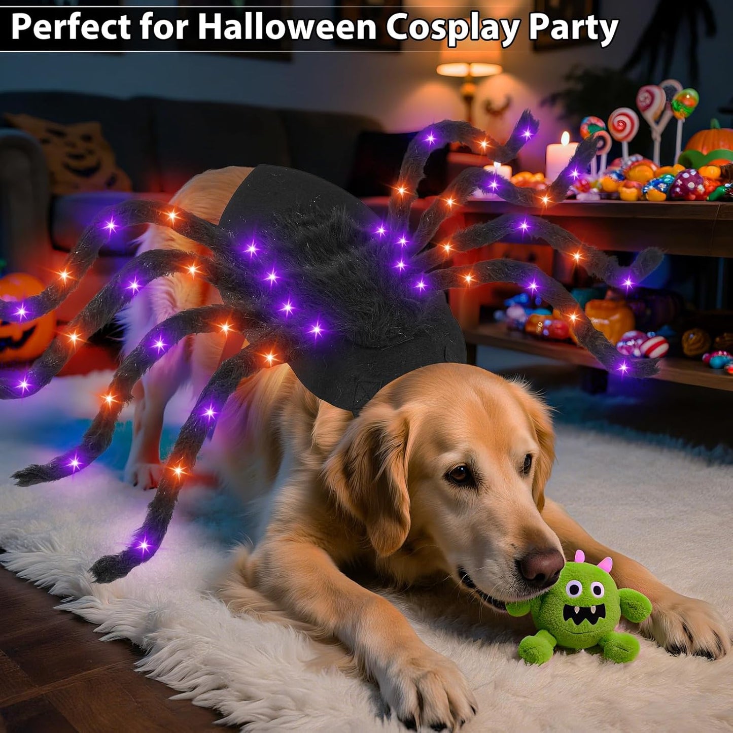 24 LED Spider Dog Halloween Costume for Small Medium Large Dogs, Furry Giant Spider with Orange Purple Lights Puppy Pet Costume Outfits Clothes Funny Halloween Costume Party Cosplay