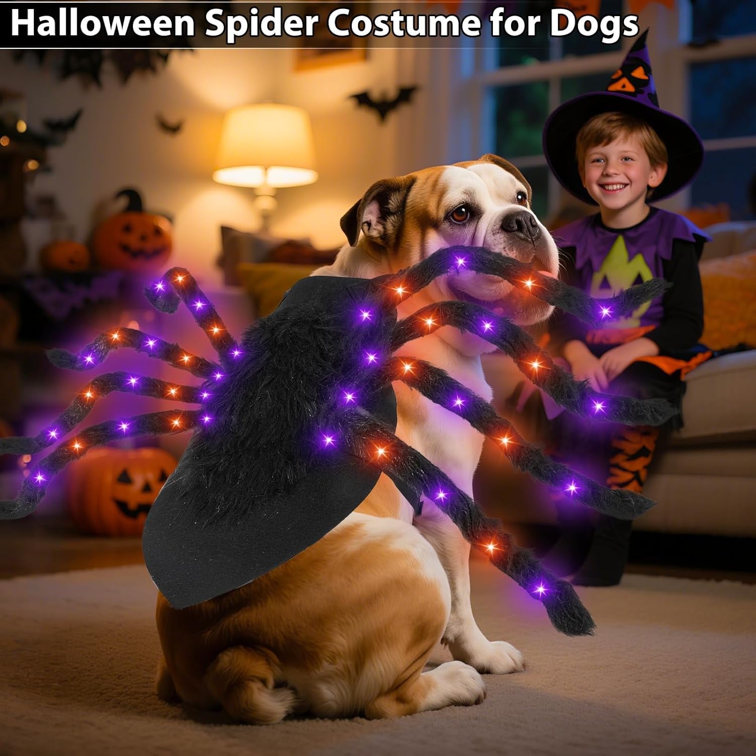 24 LED Spider Dog Halloween Costume for Small Medium Large Dogs, Furry Giant Spider with Orange Purple Lights Puppy Pet Costume Outfits Clothes Funny Halloween Costume Party Cosplay