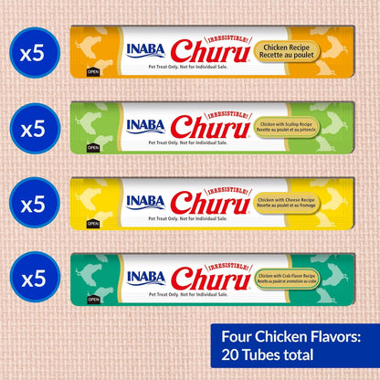 Churu Cat Treats, Lickable, Squeezable Creamy Purée Cat Treat with Green Tea Extract & Taurine, 0.5 Ounces Each Tube, 20 Tubes, Chicken Variety Box
