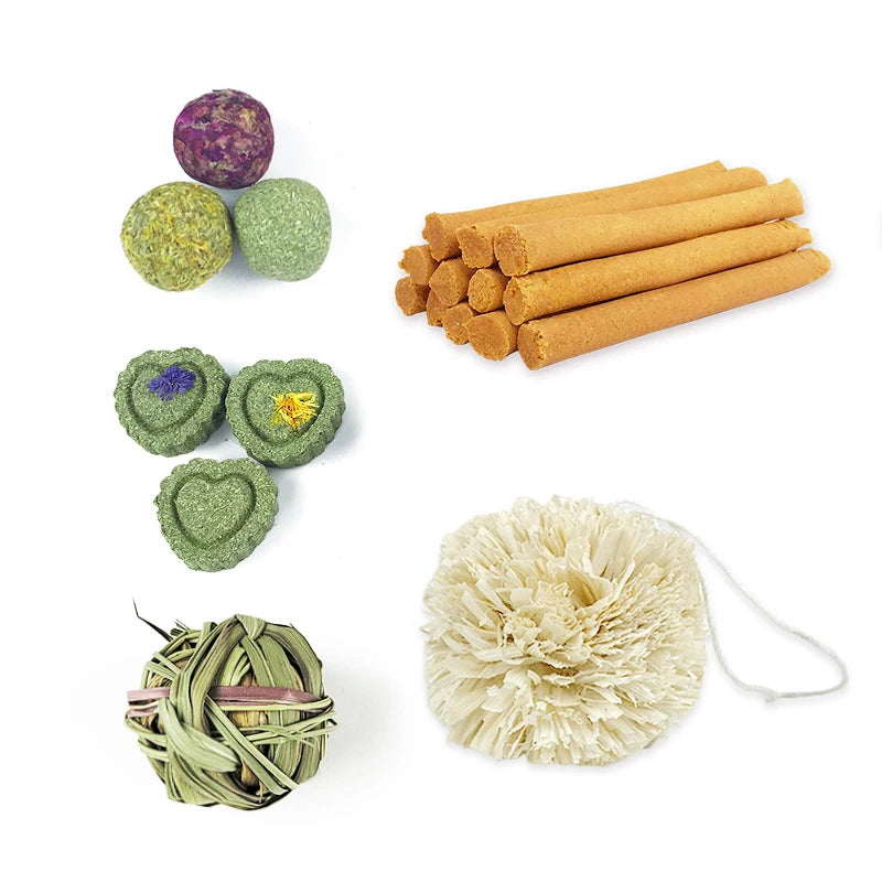 Small Pet Chew Toys Hay Treats for Guinea Pig Rabbit Hamster Gerbil Teeth Cleaning Toys Teething Stick Toy Set Pet Supplies
