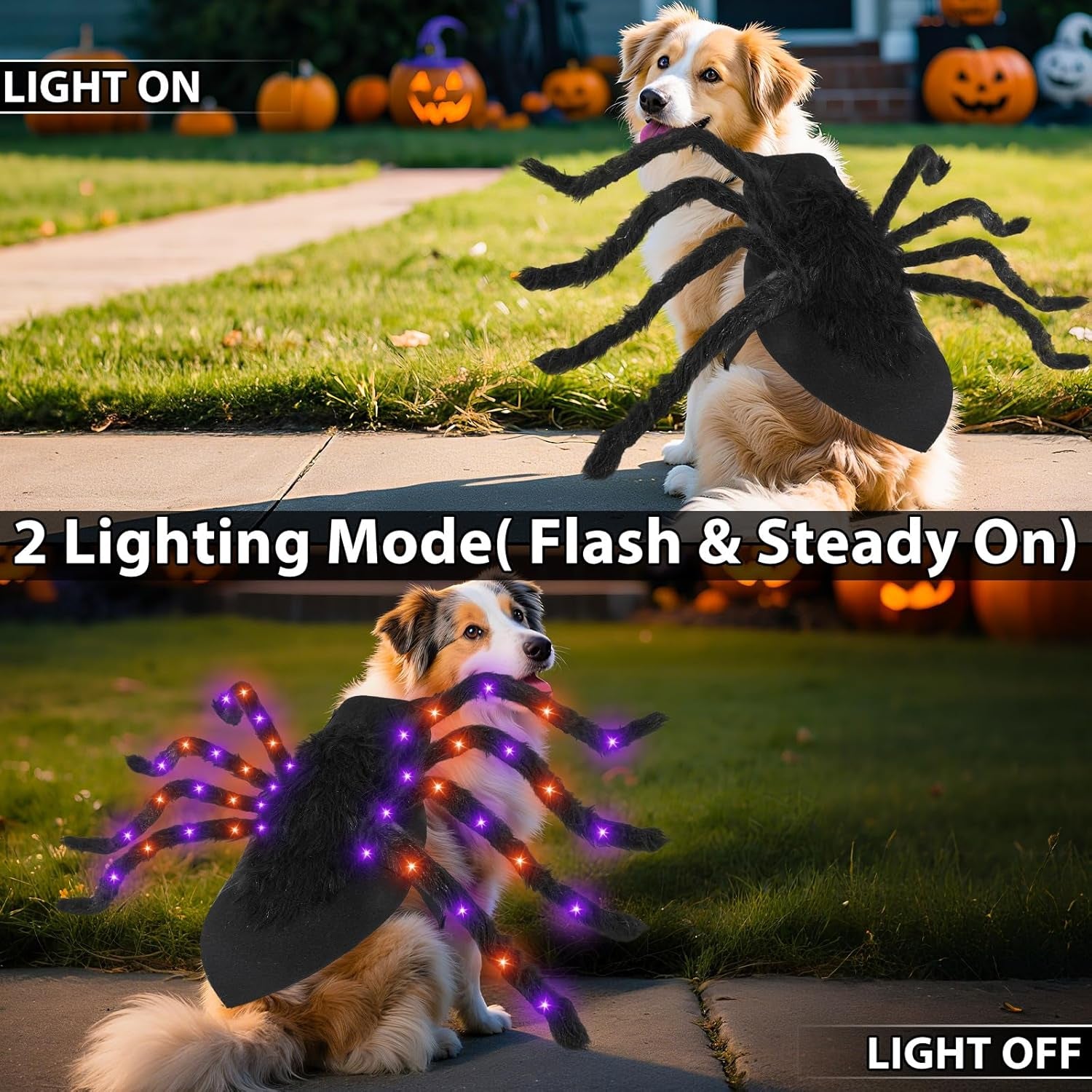 24 LED Spider Dog Halloween Costume for Small Medium Large Dogs, Furry Giant Spider with Orange Purple Lights Puppy Pet Costume Outfits Clothes Funny Halloween Costume Party Cosplay