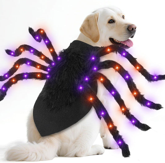 24 LED Spider Dog Halloween Costume for Small Medium Large Dogs, Furry Giant Spider with Orange Purple Lights Puppy Pet Costume Outfits Clothes Funny Halloween Costume Party Cosplay